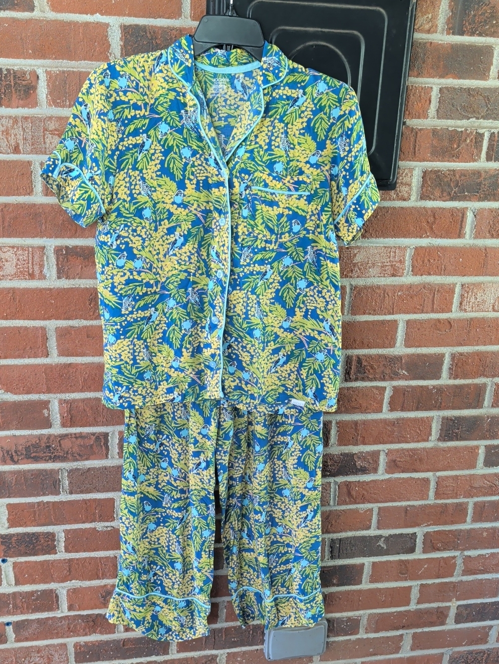 Jockey Yellow and Blue Parrot Floral Short-Sleeve Cotton Pajama Set Size XS